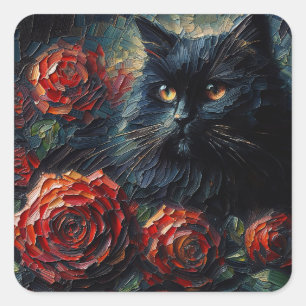Black Cat With Red Roses Art Square Sticker