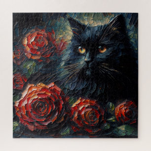 Black Cat With Red Roses Gothic Puzzle