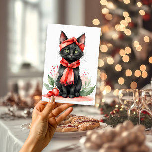 Black Cat with Red Scarf Flat Holiday Card