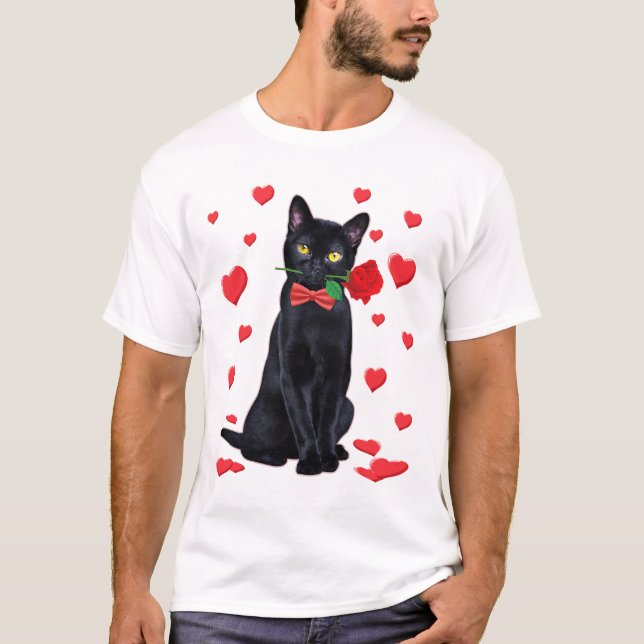 Black Cat With Rose Valentines  Valentine Cat Love T-Shirt (Front)