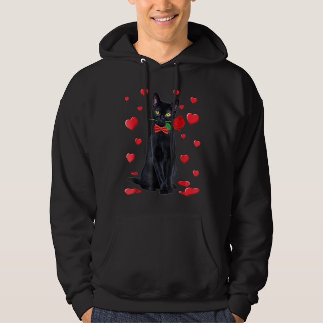 Black Cat With Rose Valentines Valentine Cat Lover Hoodie (Front)