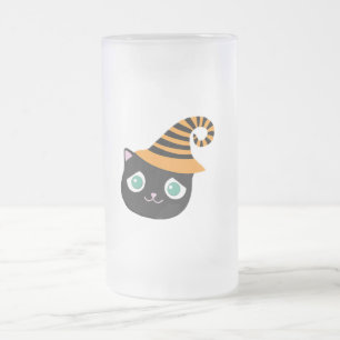 Black Cat with Sad Eyes and Whimsical Hat Frosted Glass Beer Mug