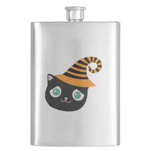 Black Cat with Sad Eyes and Whimsical Hat Hip Flask