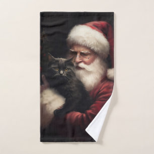 Black Cat With Santa Claus Festive Christmas  Bath Towel Set