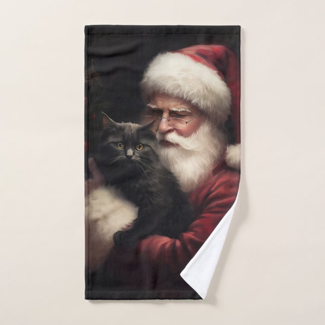 Black Cat With Santa Claus Festive Christmas  Bath Towel Set (Hand Towel)