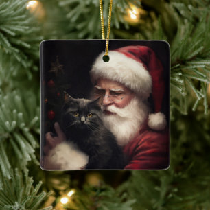 Black Cat With Santa Claus Festive Christmas Ceramic Ornament