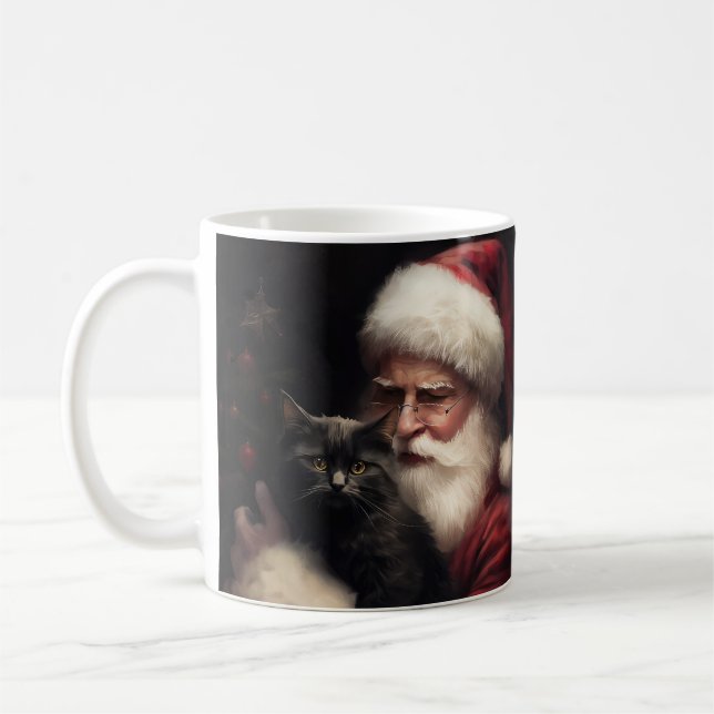 Black Cat With Santa Claus Festive Christmas  Coffee Mug (Left)