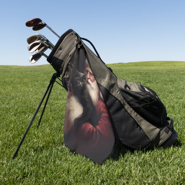 Black Cat With Santa Claus Festive Christmas  Golf Towel (Green)