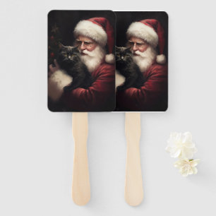 Black Cat With Santa Claus Festive Christmas Hand Fan