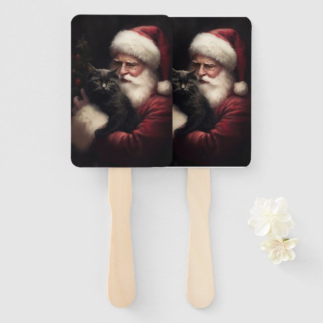 Black Cat With Santa Claus Festive Christmas  Hand Fan (Front and Back)