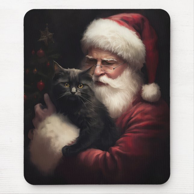 Black Cat With Santa Claus Festive Christmas  Mouse Mat (Front)
