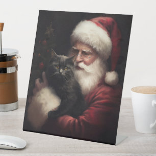 Black Cat With Santa Claus Festive Christmas  Pedestal Sign