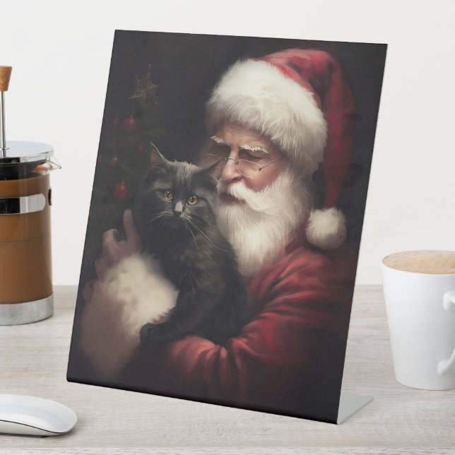 Black Cat With Santa Claus Festive Christmas  Pedestal Sign (In SItu)