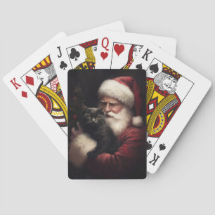 Black Cat With Santa Claus Festive Christmas Playing Cards