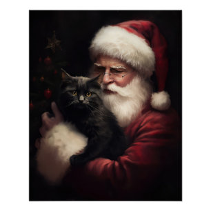 Black Cat With Santa Claus Festive Christmas  Poster