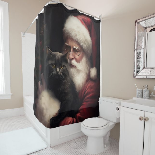 Black Cat With Santa Claus Festive Christmas  Shower Curtain (In Situ)