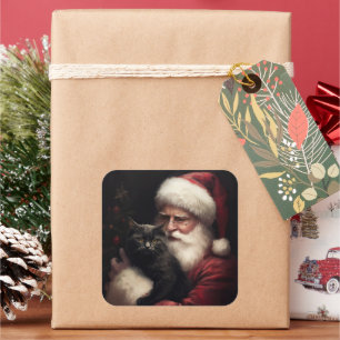 Black Cat With Santa Claus Festive Christmas Square Sticker
