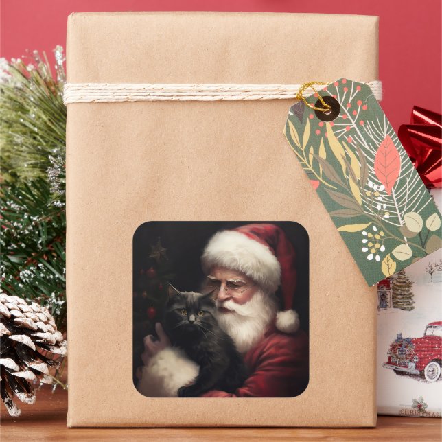 Black Cat With Santa Claus Festive Christmas  Square Sticker (Holiday)
