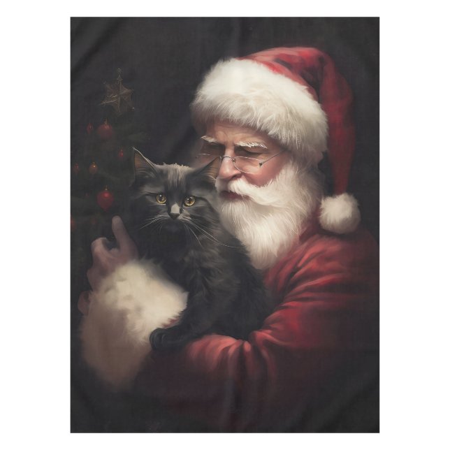 Black Cat With Santa Claus Festive Christmas  Tablecloth (Front)