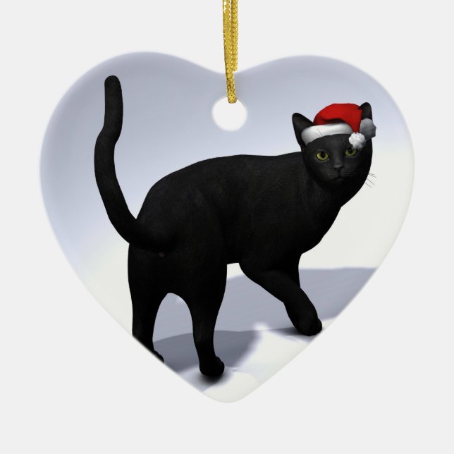 Black Cat With Santa Claus Hat Ceramic Tree Decoration (Front)