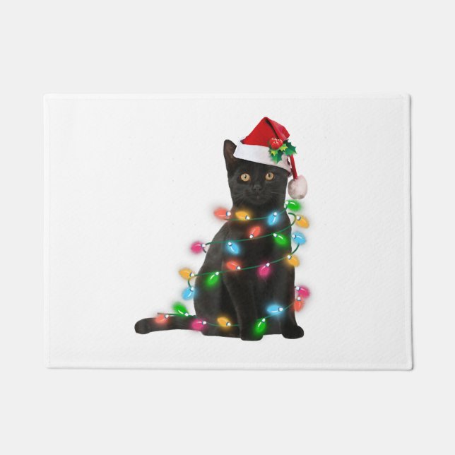 Black Cat With Santa Hat Christmas Lights Doormat (Front)