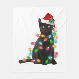 Black Cat With Santa Hat Christmas Lights Fleece Blanket