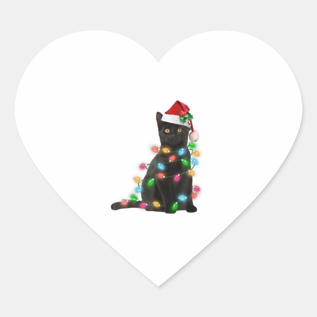 Black Cat With Santa Hat Christmas Lights Heart Sticker (Front)
