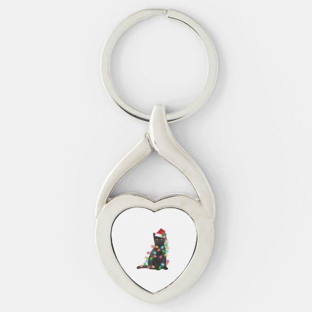 Black Cat With Santa Hat Christmas Lights Key Ring (Front)