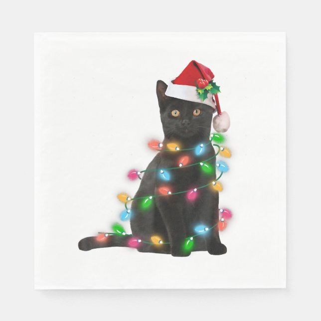 Black Cat With Santa Hat Christmas Lights Napkin (Front)