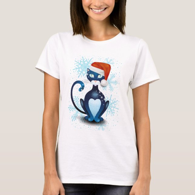 Black Cat with Santa's Hat T-Shirt (Front)