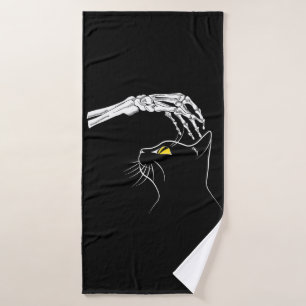 Black Cat With Skeleton Hand Halloween Spooky Bath Towel