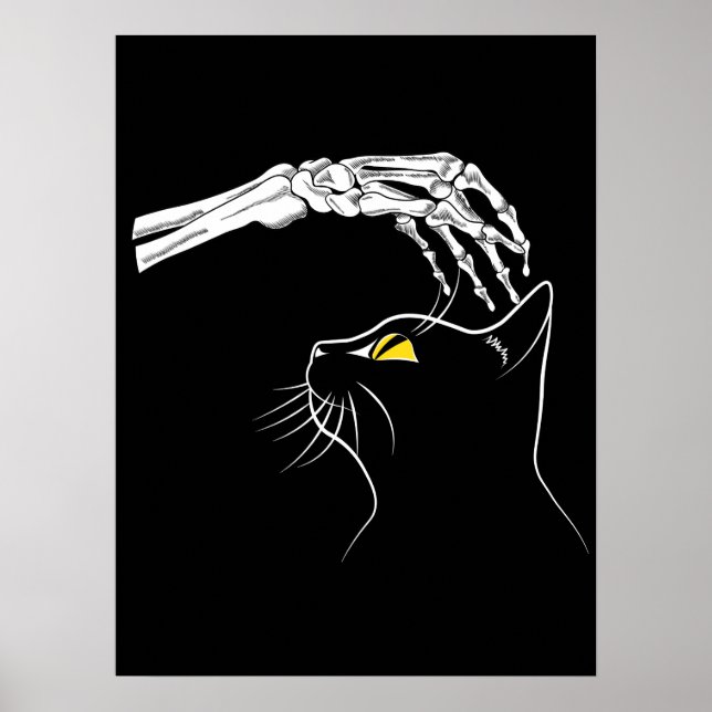 Black Cat With Skeleton Hand Halloween Spooky Poster (Front)