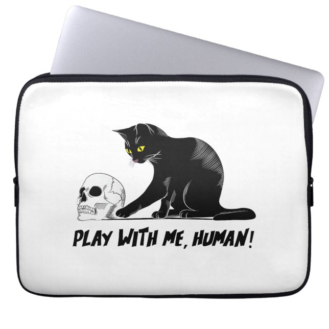 Black Cat With Skull Play With Me Human Creepy Laptop Sleeve (Front)
