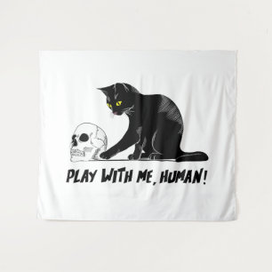 Black Cat With Skull Play With Me Human Creepy Tapestry