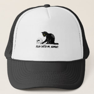 Black Cat With Skull Play With Me Human Creepy Trucker Hat