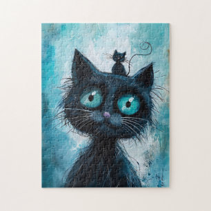 Black Cat with Small Cat on Head Jigsaw Puzzle