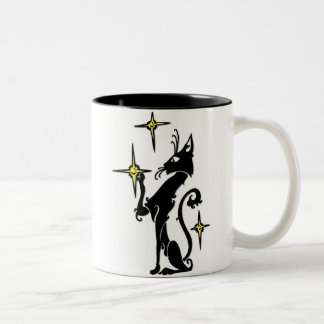 Black Cat with Stars Two-Tone Coffee Mug