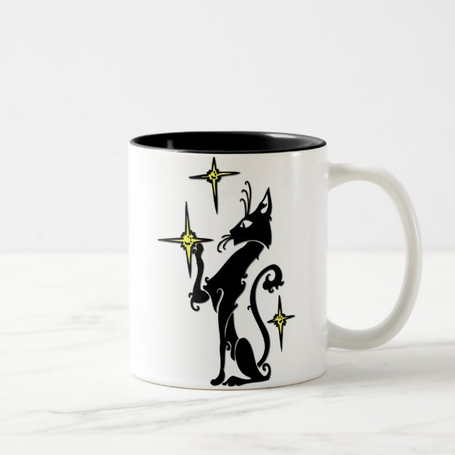 Black Cat with Stars Two-Tone Coffee Mug (Right)