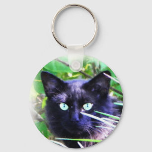 Black cat with striking green eyes key ring