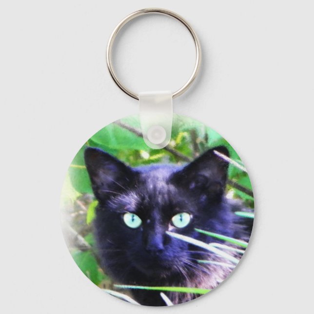 Black cat with striking green eyes key ring (Front)