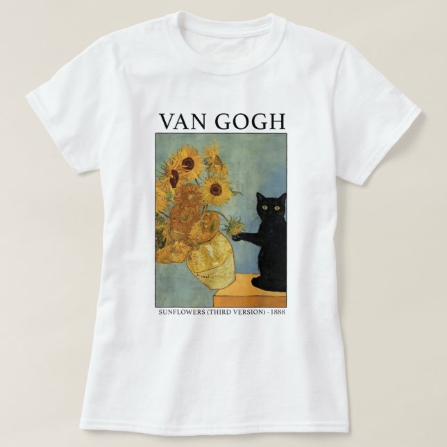 Black Cat With Sunflowers Van Gogh Art T-Shirt (Design Front)