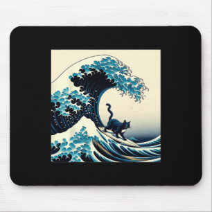 Black Cat With Surf Surfing The Great Wave Men Wom Mouse Mat