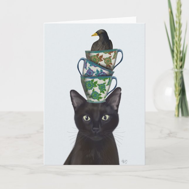 Black Cat with Teacups and Blackbird Card (Front)