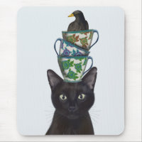 Black Cat with Teacups and Blackbird