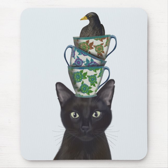 Black Cat with Teacups and Blackbird Mouse Mat (Front)