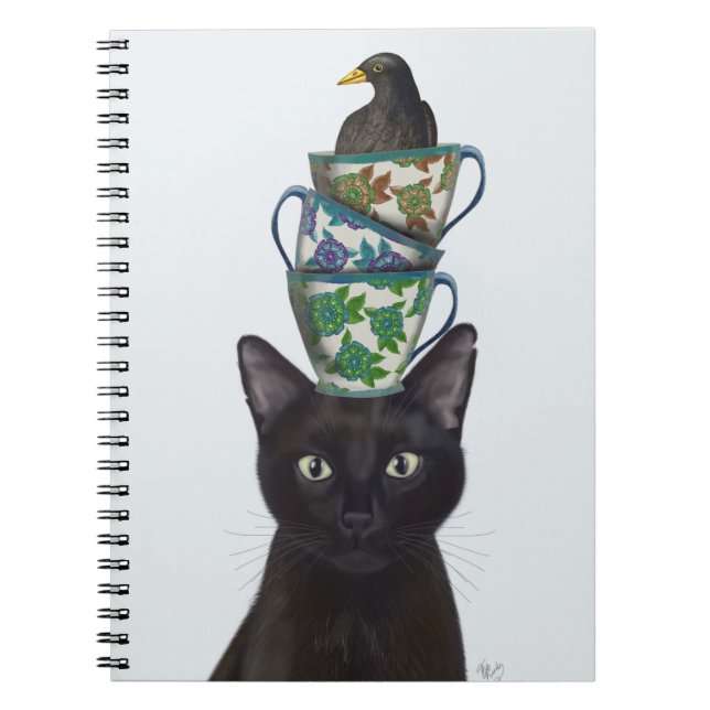 Black Cat with Teacups and Blackbird Notebook (Front)