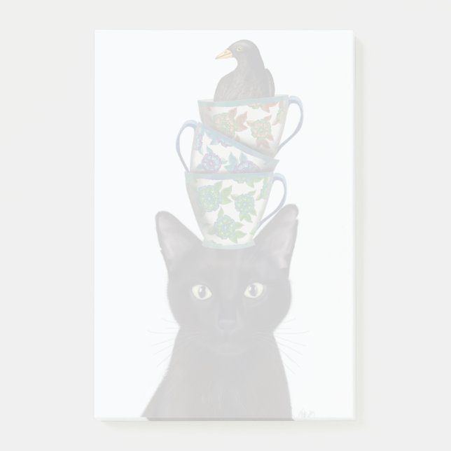 Black Cat with Teacups and Blackbird Post-it Notes (Front)