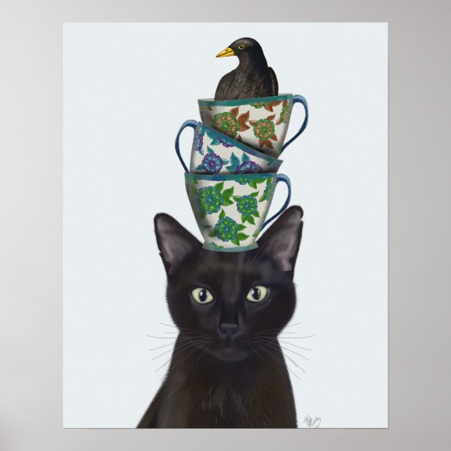 Black Cat with Teacups and Blackbird Poster (Front)
