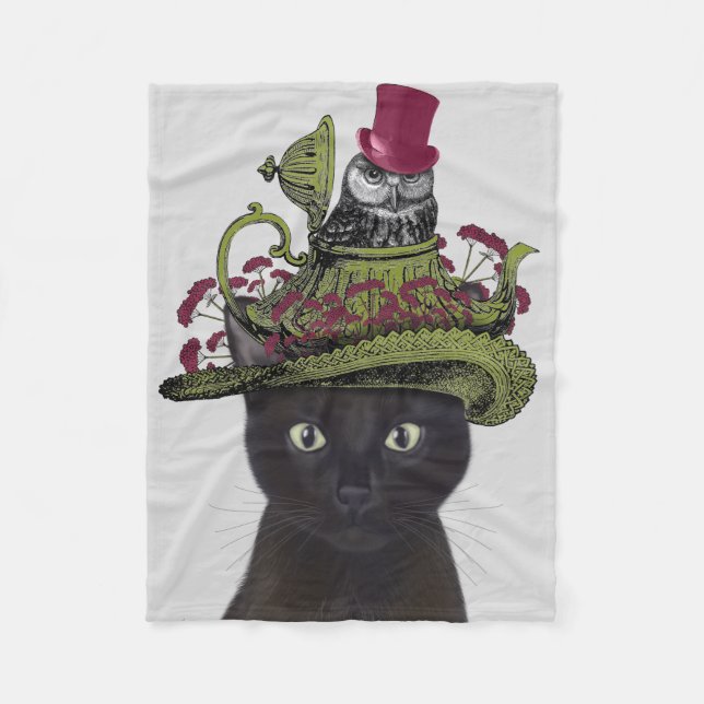 Black Cat with Teapot and Owl Fleece Blanket (Front)
