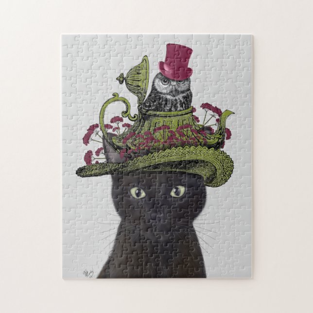 Black Cat with Teapot and Owl Jigsaw Puzzle (Vertical)